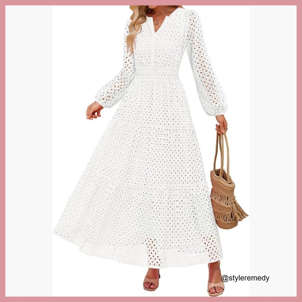 Long Sleeve Maxi Dress V Neck Hollow Out Eyelet A Line Casual Party